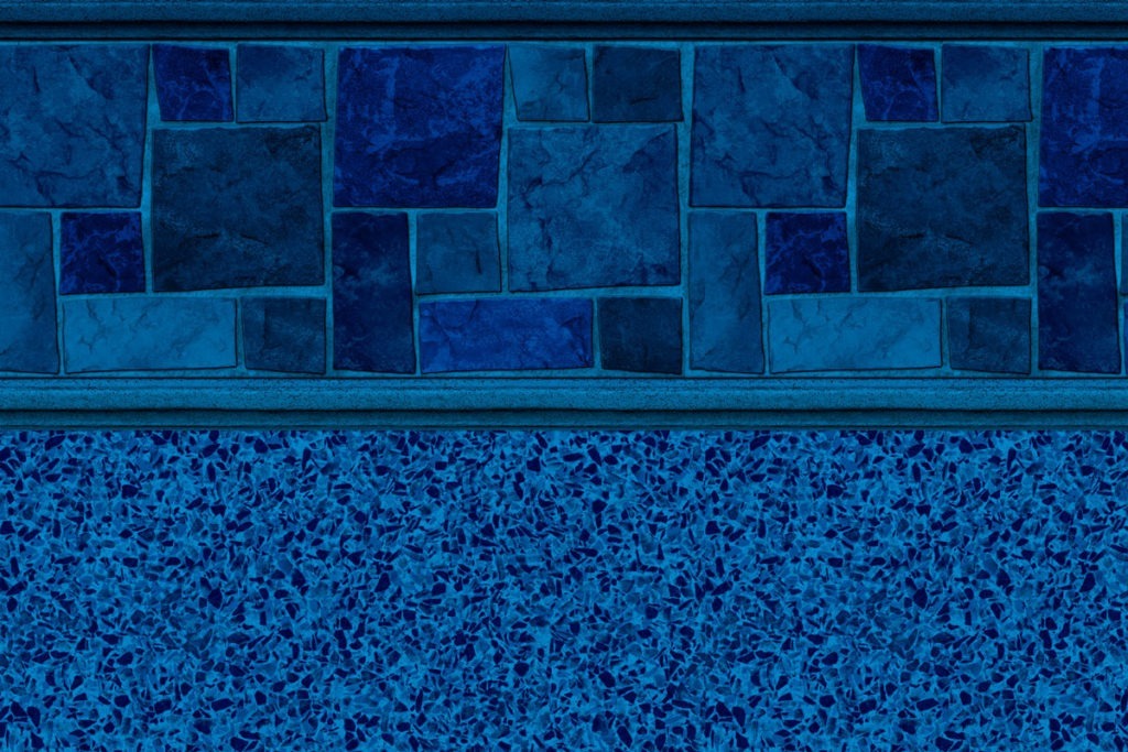 The image shows a close-up of a blue mosaic tile pattern, featuring various shades and textures, resembling pool or architectural decor.