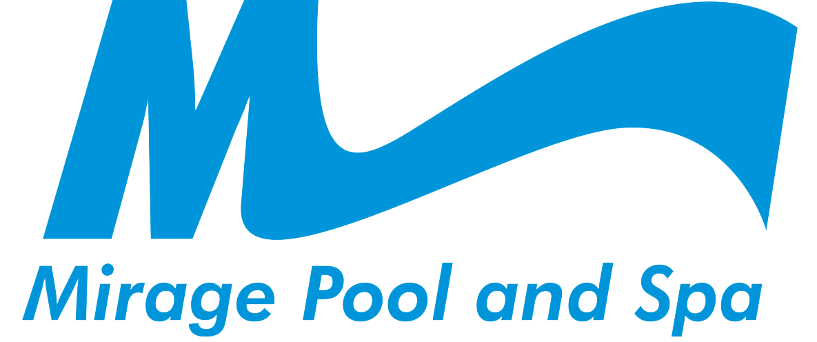 Logo for Mirage Pool and Spa featuring a stylized blue "M" and wave design on a black background with text beneath.