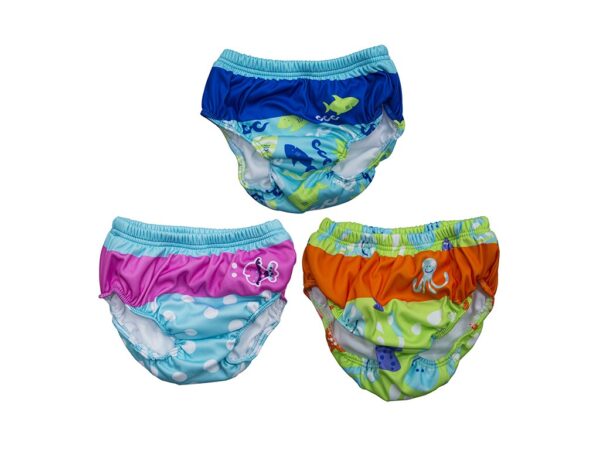 Three colorful swim diapers with playful ocean-themed patterns, featuring fish, octopus, and polka dots, arranged against a plain white background.