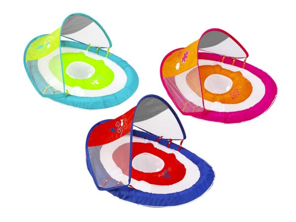 The image shows three colorful, inflatable baby pool floats with canopies in blue, pink, and red designs, arranged against a plain white background.