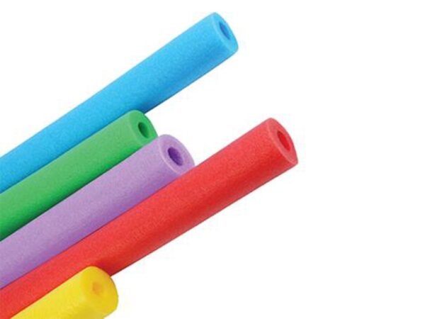 Five colorful foam pool noodles in red, blue, green, purple, and yellow are arranged diagonally against a plain white background.