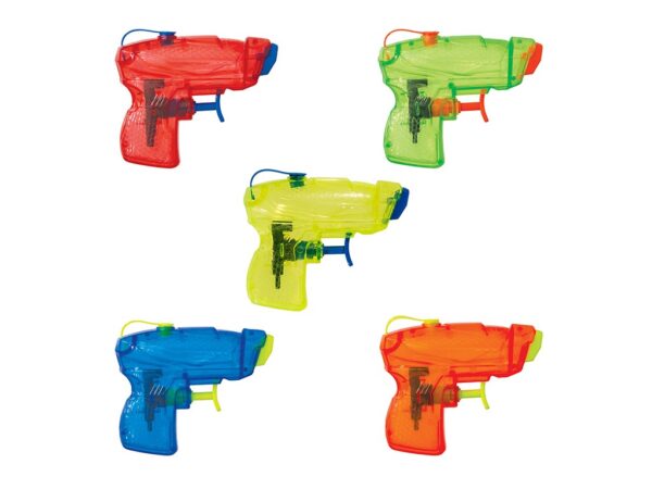 Five colorful, transparent toy water guns are arranged in a pattern against a white background, featuring red, green, blue, and yellow hues.