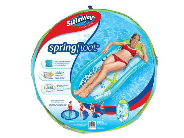 Packaging for a SwimWays spring float shows a person relaxing on an inflatable pool float in water, highlighting features and comfort details.