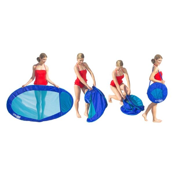 A person in a red swimsuit demonstrates folding a blue pop-up tent in four sequential steps, showing compact storage.