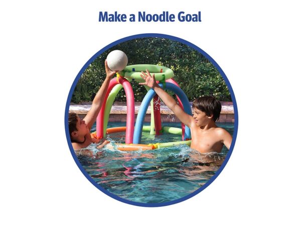 Two people playing with a noodle water structure and ball in a pool, surrounded by greenery. The text says "Make a Noodle Goal."