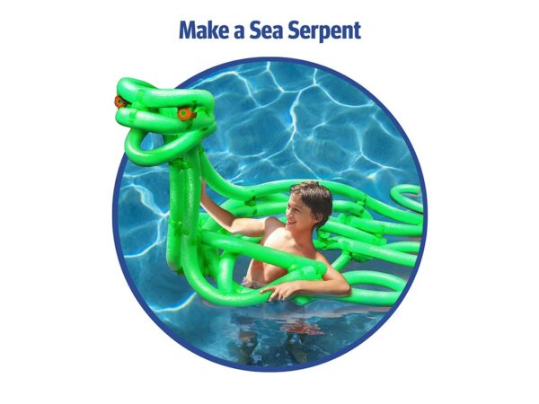 A person in a pool interacts with a sea serpent figure made from green pool noodles. The image text reads, "Make a Sea Serpent."