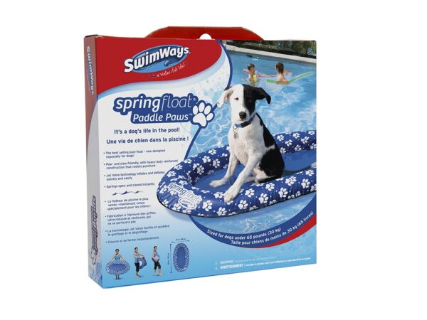 Packaging for a dog pool float, featuring a black-and-white dog on a blue float with paw prints. Two people swim in the background.