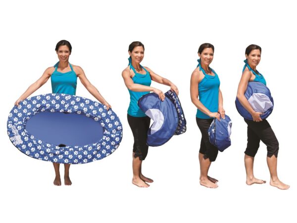 A person demonstrates folding a blue, floral-patterned pop-up pool. The sequence shows the pool transforming from fully open to compactly folded.