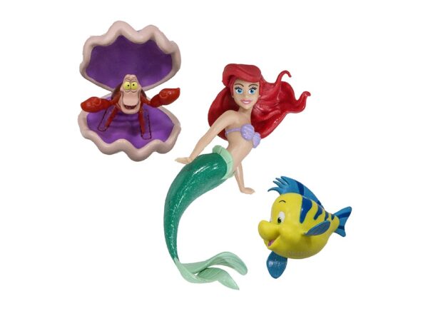 Mermaid with red hair, green tail, and two underwater characters: a yellow fish and a red crab in a shell. Playful and colorful scene.