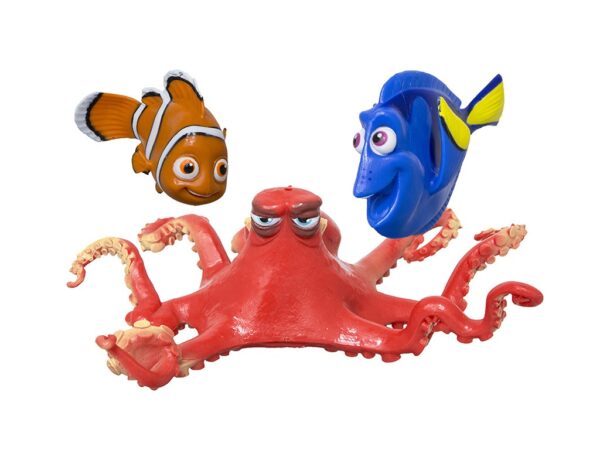 Toy figures of two colorful fish and a red octopus are displayed against a white background, resembling characters from a popular animated film.