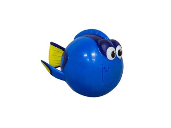 A blue cartoon fish toy with large eyes and yellow fins is shown against a plain white background. No landmarks are present.