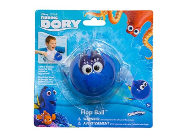 Packaging for a "Finding Dory" Hop Ball features colorful ocean characters and a smiling child. The design is vibrant and cartoon-themed.