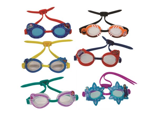 A collection of six colorful, cartoon-themed swimming goggles, each with different designs and vibrant straps, arranged in two vertical columns on a white background.