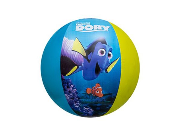 A colorful beach ball features animated characters from "Finding Dory," including Dory and Nemo, on a blue and yellow background.