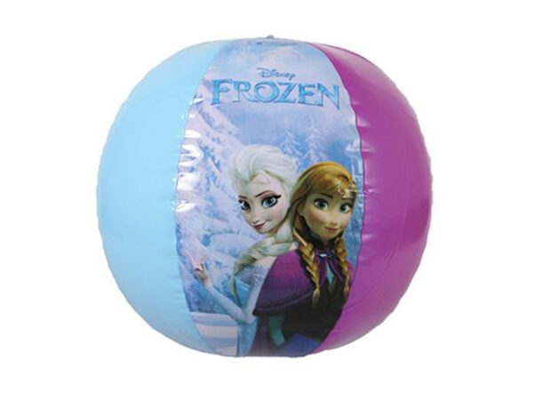 A colorful beach ball features characters from Disney's "Frozen" with a snowy backdrop. It has alternating blue and purple panels.