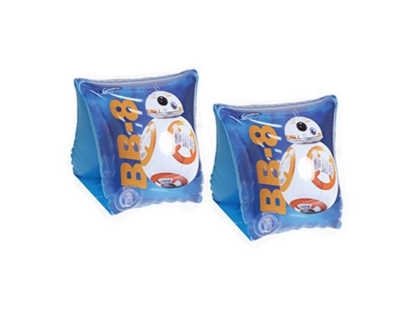 Two blue inflatable armbands featuring BB-8, a droid from Star Wars. The design includes orange and white details with the text "BB-8."