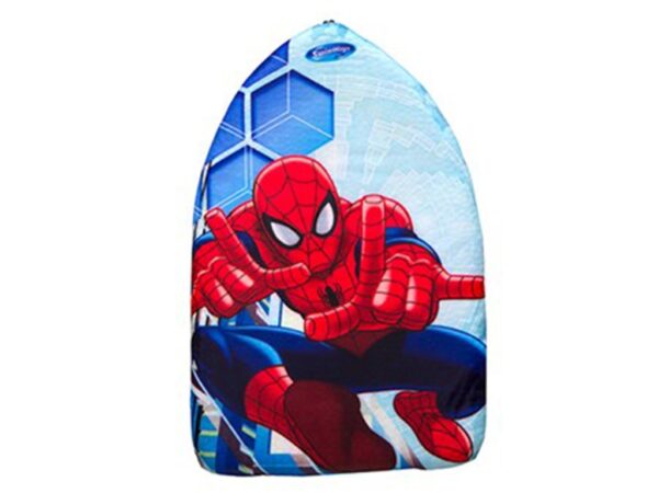 A colorful bean bag features a Spider-Man design, showcasing the superhero in an action pose with a blue geometric background.