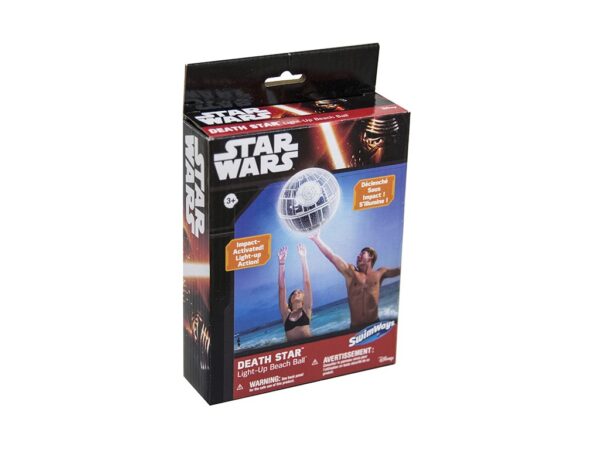 Box containing a Star Wars-themed Death Star light-up beach ball, with image of two people playing, labeled for ages three and up.