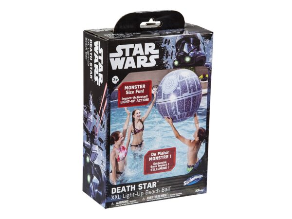 Box for a Star Wars Death Star beach ball. Features three people in a pool, playing with the ball. Packaging highlights "XXL Light-Up" feature.