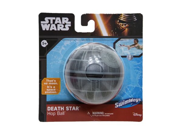 Star Wars-themed Death Star toy in original packaging, labeled "Hop Ball" by SwimWays. Packaging features a person playing with the ball and a Disney logo.