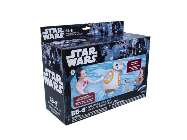 Star Wars BB-8 inflatable pool toy packaging shows two people in a pool playing with the toy.