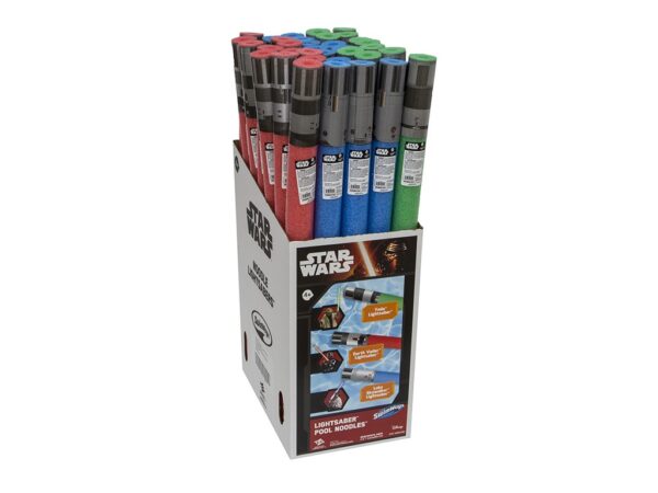 A display box features colorful Star Wars lightsaber pool noodles, branded with logos and character images. Various colors include red, blue, green, and pink.