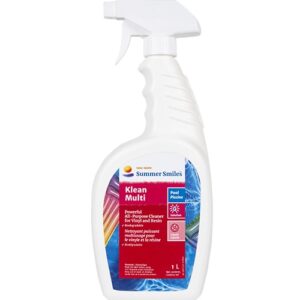 White spray bottle of "Klean Multi" by Summer Smiles, powerful all-purpose cleaner for vinyl and resin, labeled in English and French, 1-liter capacity.