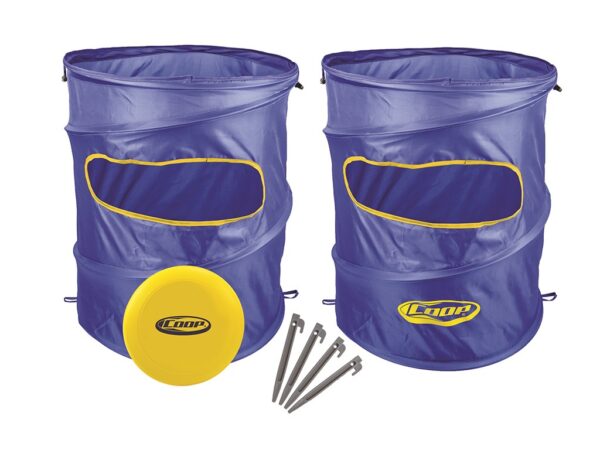 Two blue pop-up targets with yellow discs and ground stakes, featuring the "Coop" logo, designed for outdoor sports and games.