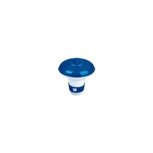 Blue and white floating pool chlorine dispenser designed for easy use in swimming pools, featuring an adjustable flow control for effective chemical distribution.