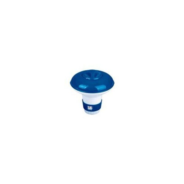 Blue and white floating pool chlorine dispenser designed for easy use in swimming pools, featuring an adjustable flow control for effective chemical distribution.