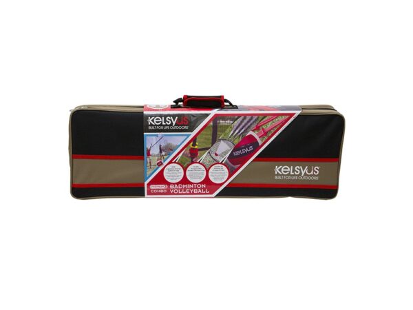 A portable Kelsyus badminton and volleyball combo set in a rectangular carrying case. Features images of people playing sports outdoors on the packaging.