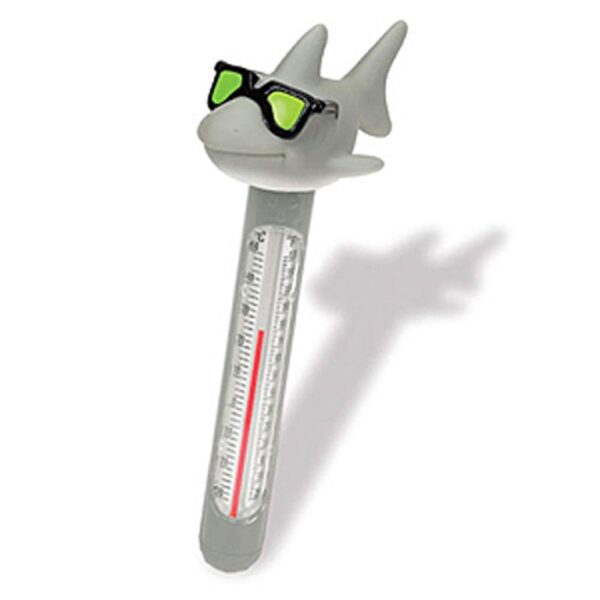 A shark-shaped thermometer adorned with sunglasses, featuring a gray design and clear temperature display. Fun and quirky, ideal for pool use.