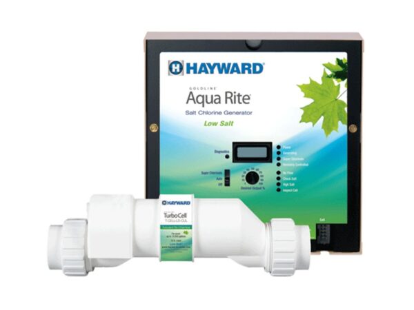 Hayward Aqua Rite Salt Chlorine Generator is displayed. The equipment includes a control panel and a TurboCell component for pool water sanitation.