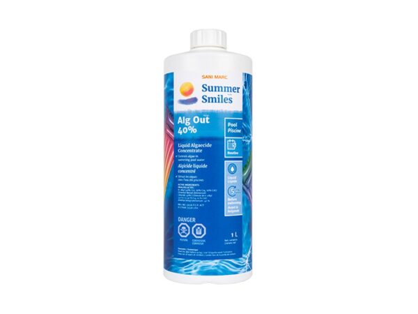 A clear bottle labeled "Summer Smiles" contains 40% algaecide concentrate. It's designed for pool use, featuring safety instructions and product details on a blue background.