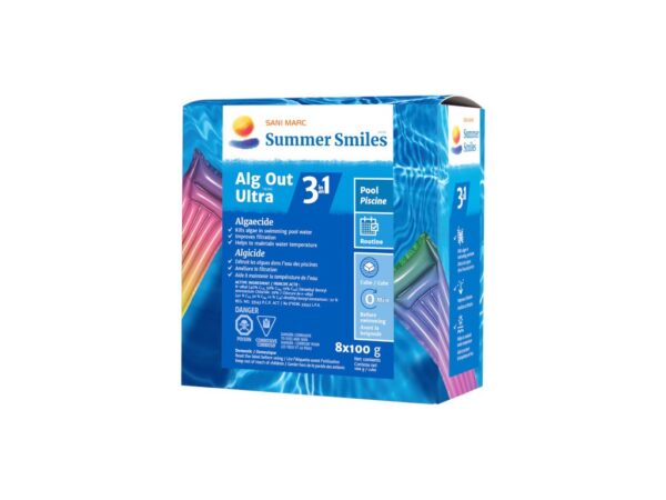 A colorful blue box labeled "SANIMARC Summer Smiles Alg Out Ultra 3-in-1" for pool algaecide, featuring vibrant pool imagery and product details.