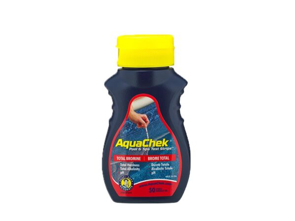 AquaChek pool and spa test strips bottle with blue background and yellow cap, featuring a person's hand testing water.