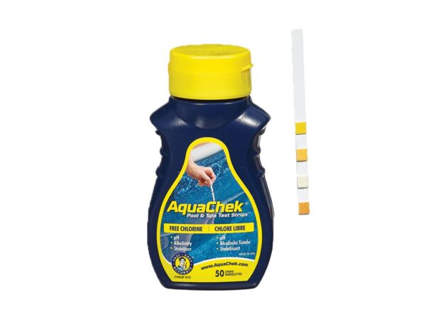 AquaChek pool and spa test strips container with yellow cap is displayed beside a strip. It checks free chlorine and other factors.