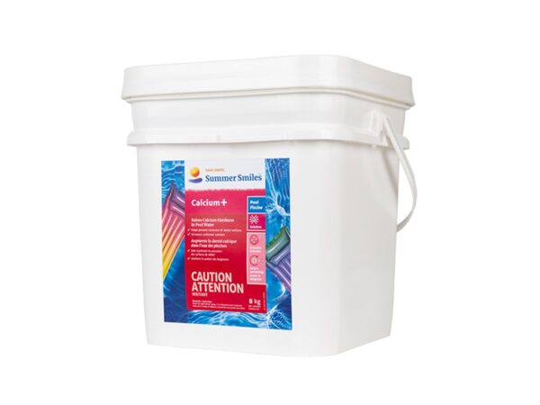 A white bucket labeled "Calcium +" from Summer Smiles, featuring safety warnings. The container appears to be for pool maintenance, emphasizing caution.