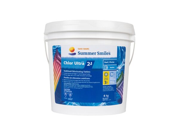 A white plastic bucket labeled "Summer Smiles Chlor Ultra 2" contains stabilized chlorinating tablets for pools. It has a colorful design and safety instructions.