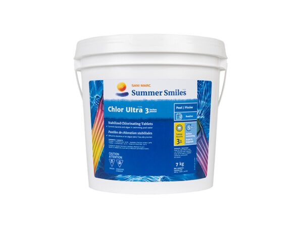 A large white bucket labeled "Summer Smiles Chlor Ultra 3," containing stabilized chlorinating tablets for pools. The container has detailed usage and caution information.