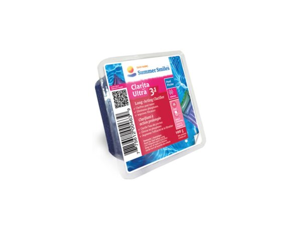 A packaged pool chlorine tablet labeled "Summer Smiles Clarita Ultra 3," featuring dosage information and safety instructions. The packaging is prominently blue and pink.