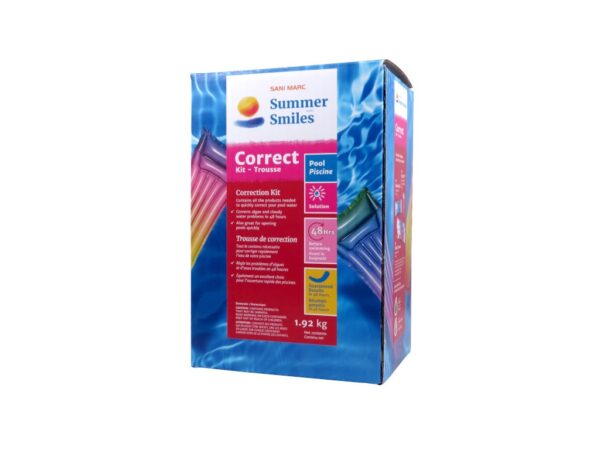 A box of "Summer Smiles" Correct Kit for pool maintenance, featuring colorful design and details in English and French, against a plain background.