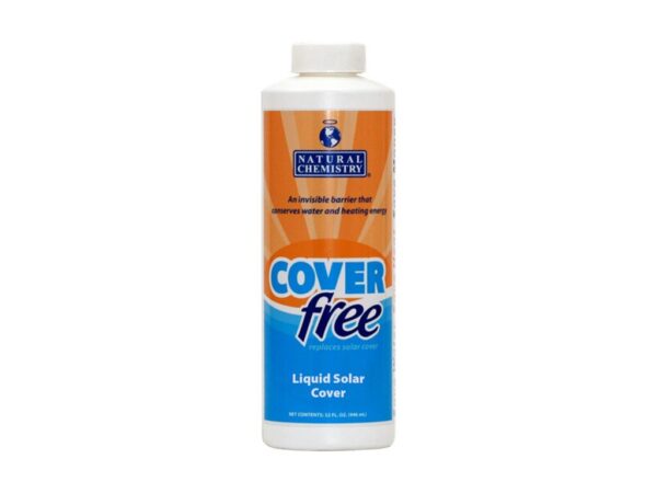 Bottle of "Cover Free" liquid solar cover by Natural Chemistry, designed to conserve water and heating energy in pools, with orange and blue label.