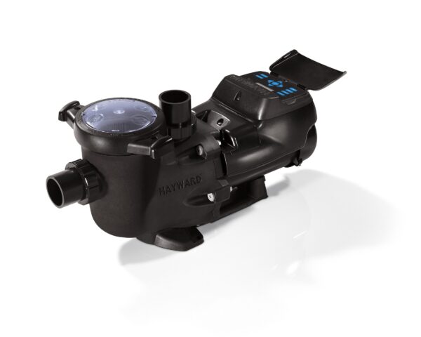 A black pool pump with digital controls and multiple pipes, designed for efficient water filtration and circulation in swimming pools.