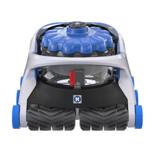 A blue and black robotic pool cleaner with large wheels, designed for efficient underwater cleaning and debris removal.