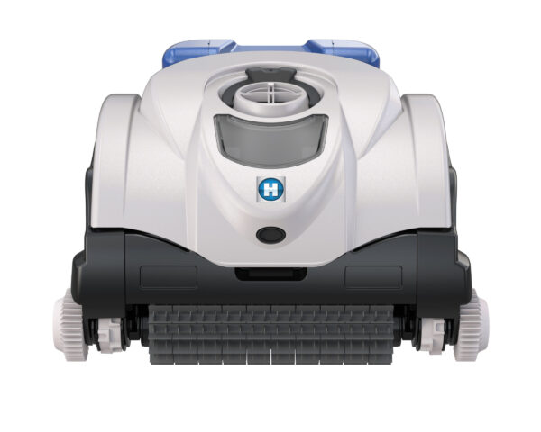 Robotic pool cleaner with a sleek, compact design featuring a central brush and wheels, suitable for automated pool maintenance and cleaning tasks.