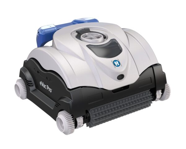 Robotic pool cleaner with a sleek design, featuring brushes and wheels, labeled "eVac Pro." Rounded top with a handle for easy transport.