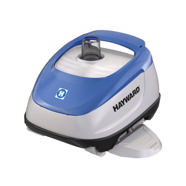 A blue and white Hayward pool vacuum cleaner with a compact design, featuring a handle on top and branded label on the side.