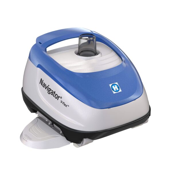 Blue and white automatic pool cleaner with a sleek design, labeled "Navigator." It features a transparent top compartment and sturdy base for efficient cleaning.