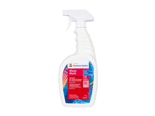 A white spray bottle labeled "Klean Multi" with colorful designs, featuring pool cleaning and maintenance information on the front.